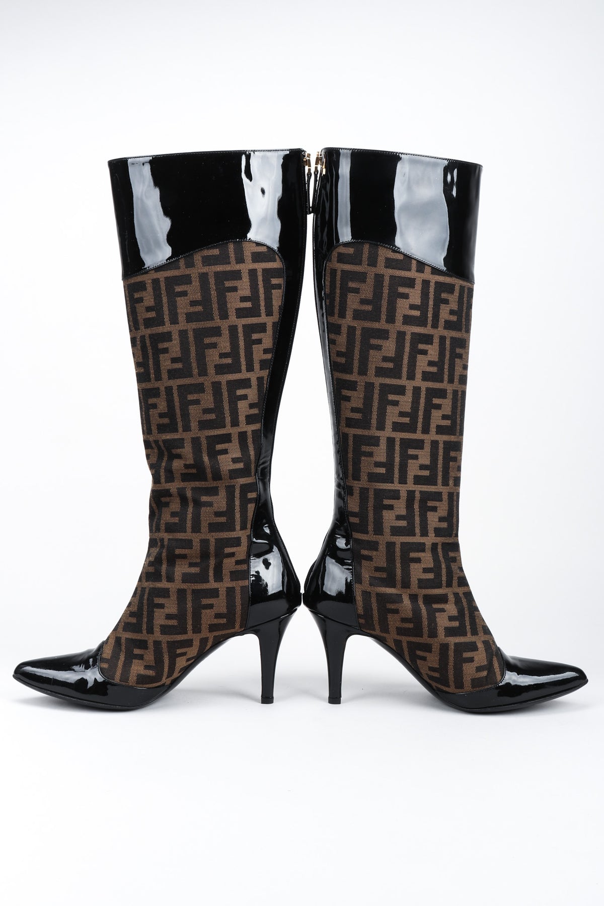 Vintage Fendi Zucca Double F Monogram Patent Leather Trim Boots Pointed Toe Recess
