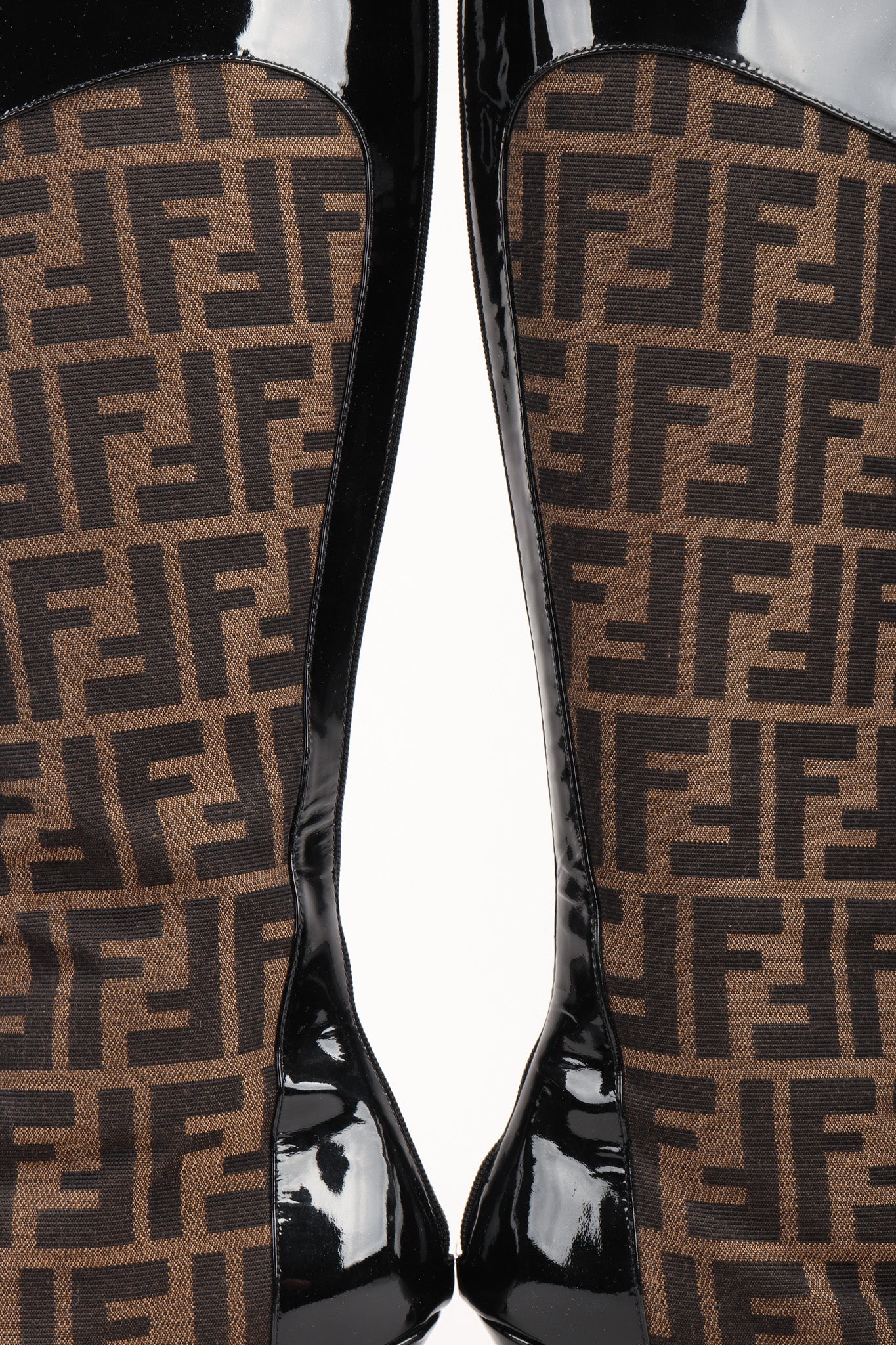 Recess Los Angeles Vintage Fendi Zucca Double F Monogram Patent Leather Trim Boots Pointed Toe