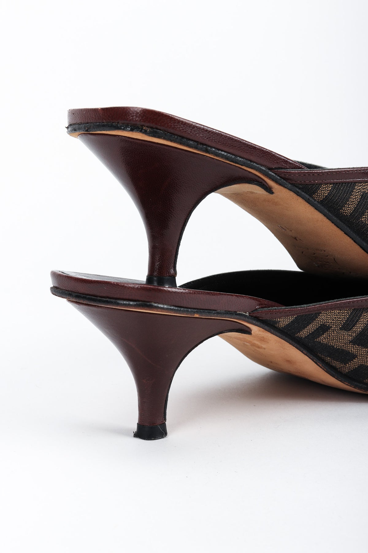 Vintage Fendi Brown Zucca F Monogram Leather Sole Mules Square Toe