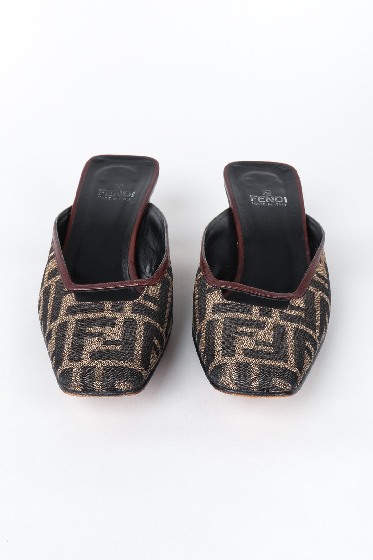 Vintage Fendi Brown Zucca F Monogram Leather Sole Mules Square Toe Recess
