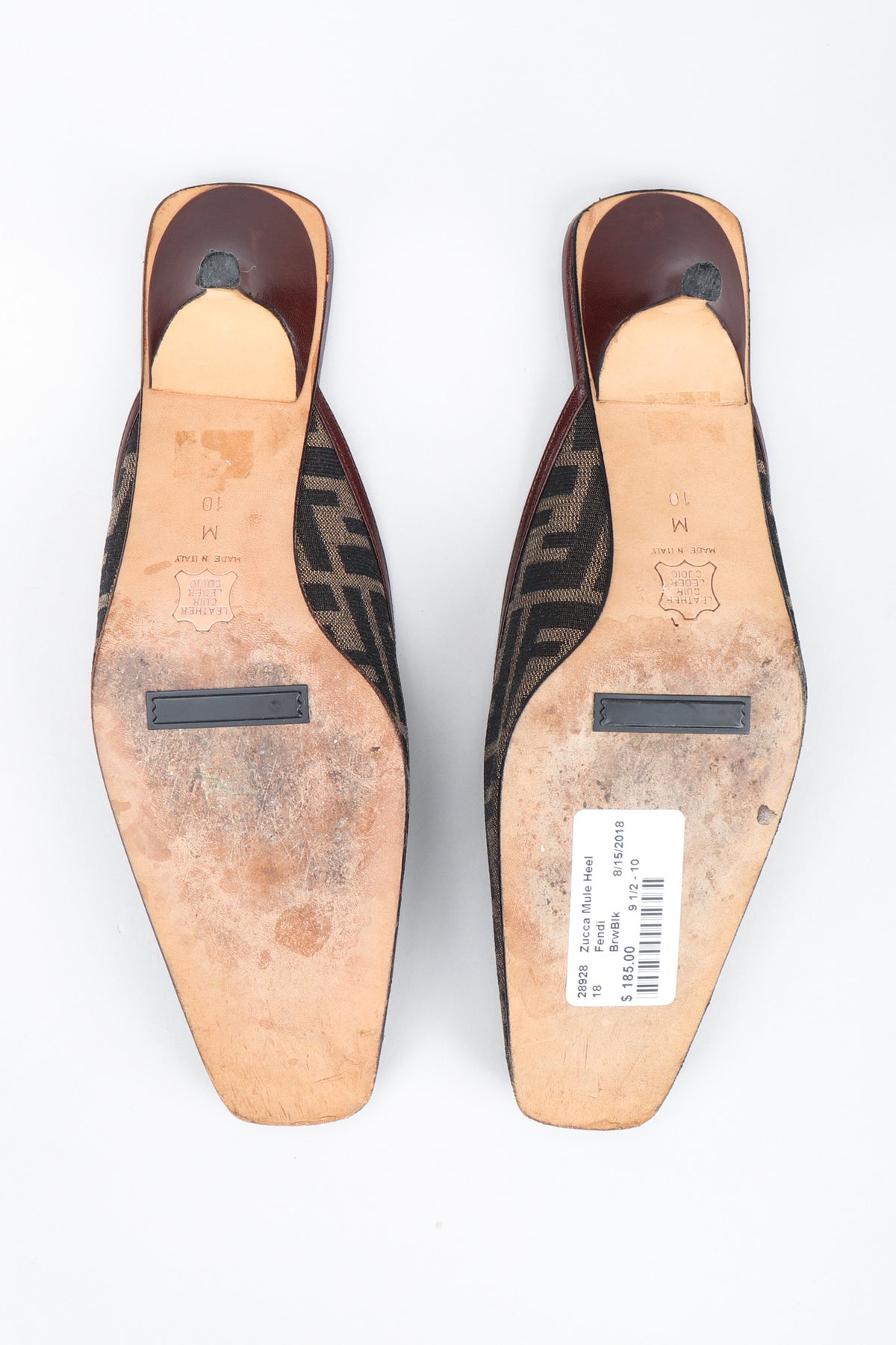 Vintage Fendi Brown Zucca F Monogram Leather Sole Mules Square Toe