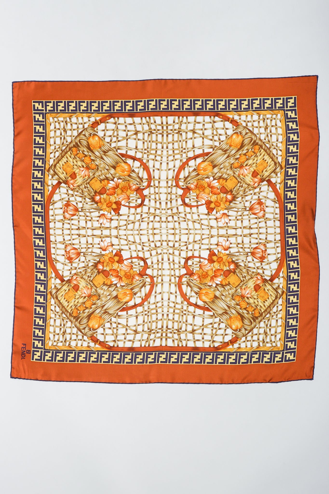 Vintage Fendi Zucca Basket Backpack Print Silk Scarf Flat