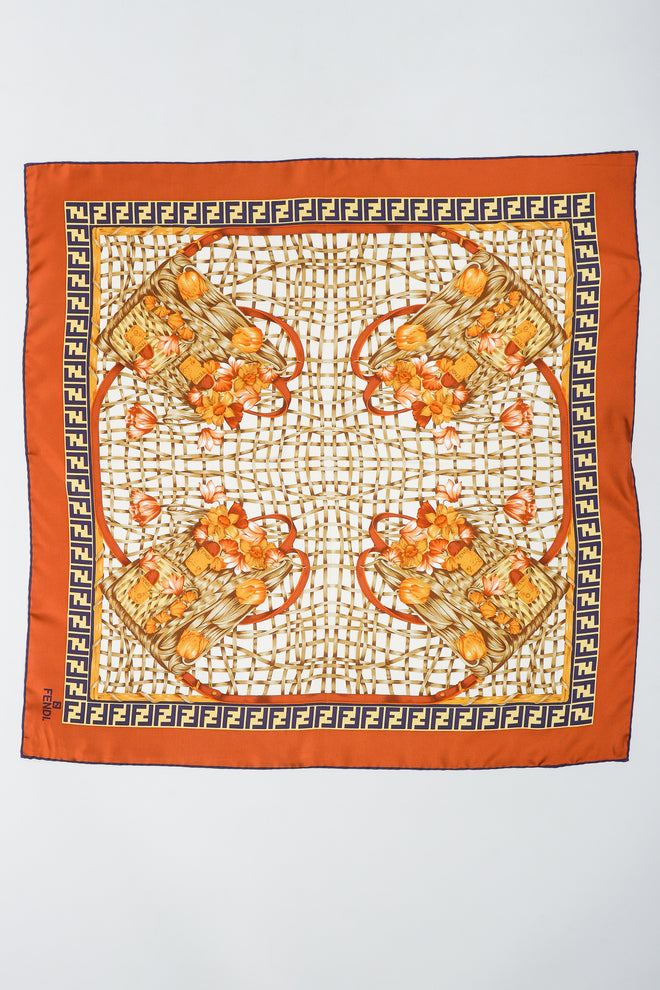 Vintage Fendi Zucca Basket Backpack Print Silk Scarf Flat