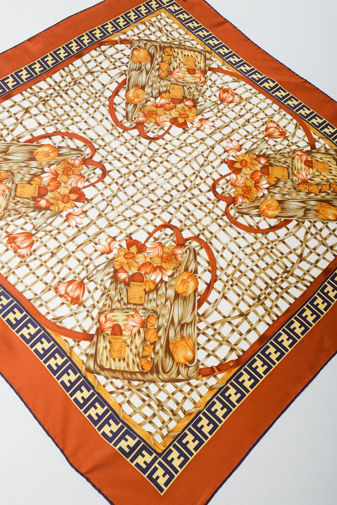 Vintage Fendi Zucca Basket Backpack Print Silk Scarf diagonal flat