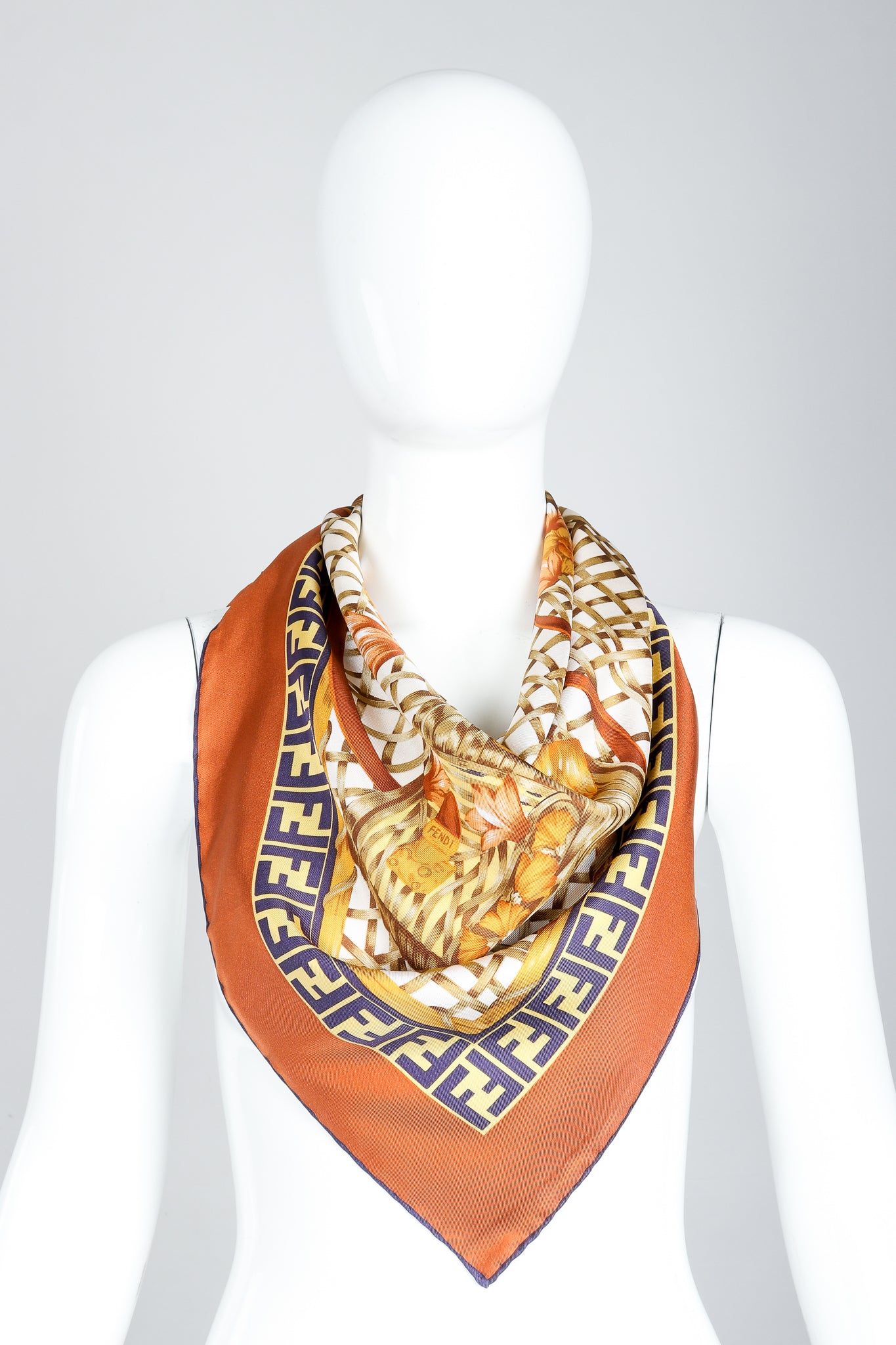 Vintage Fendi Zucca Basket Backpack Print Silk Scarf tied on Mannequin Neck