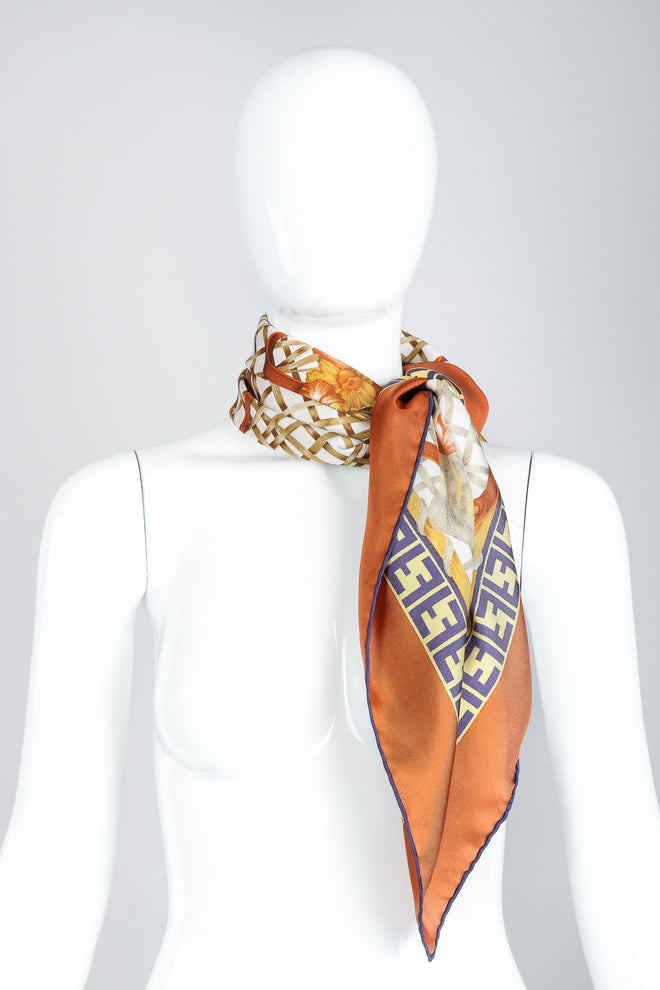 Vintage Fendi Zucca Basket Backpack Print Silk Scarf tied on Mannequin Neck
