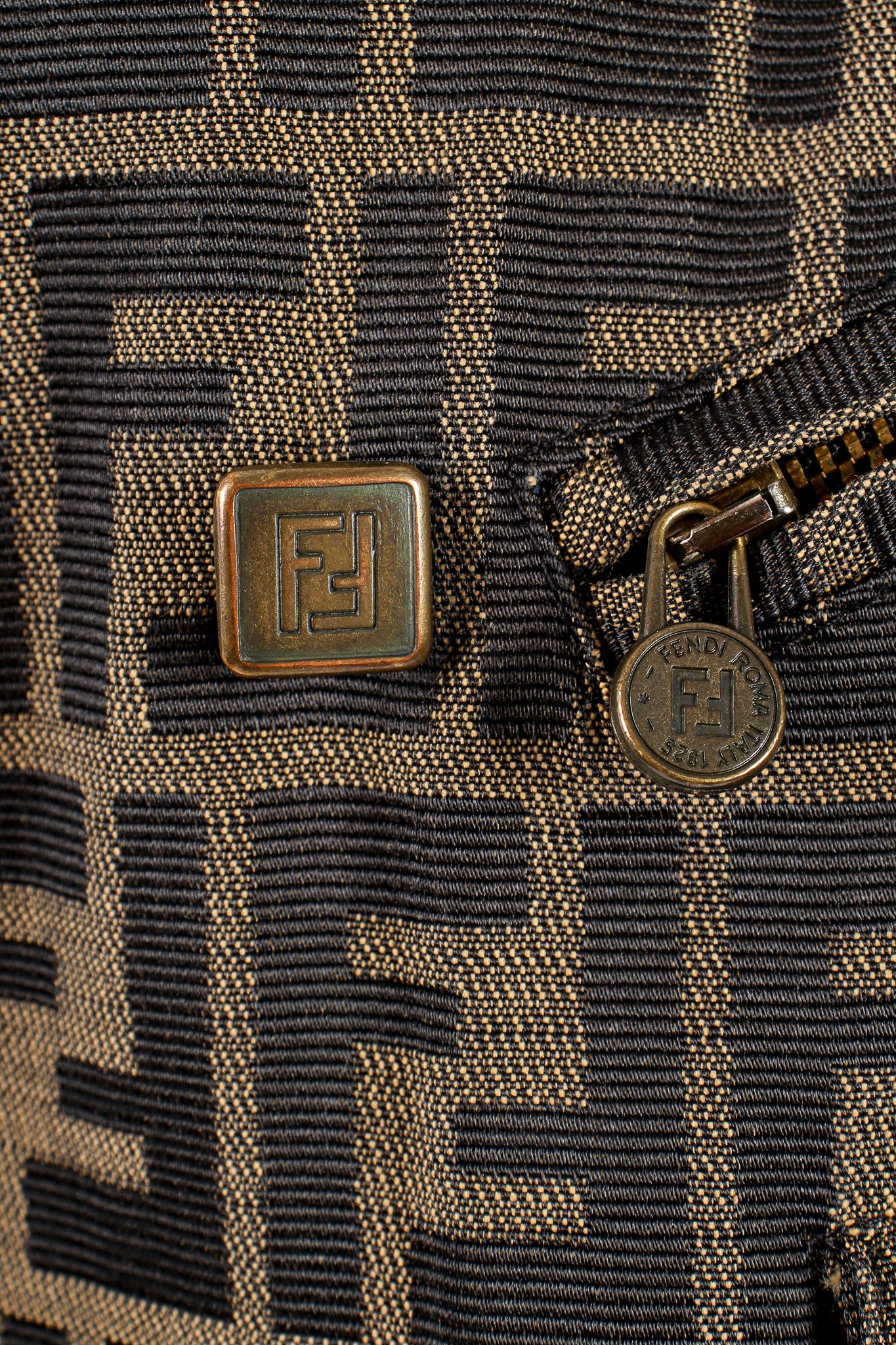 Vintage Fendi Zucca Monogram Zip Swing Jacket zip button detail at Recess Los Angeles