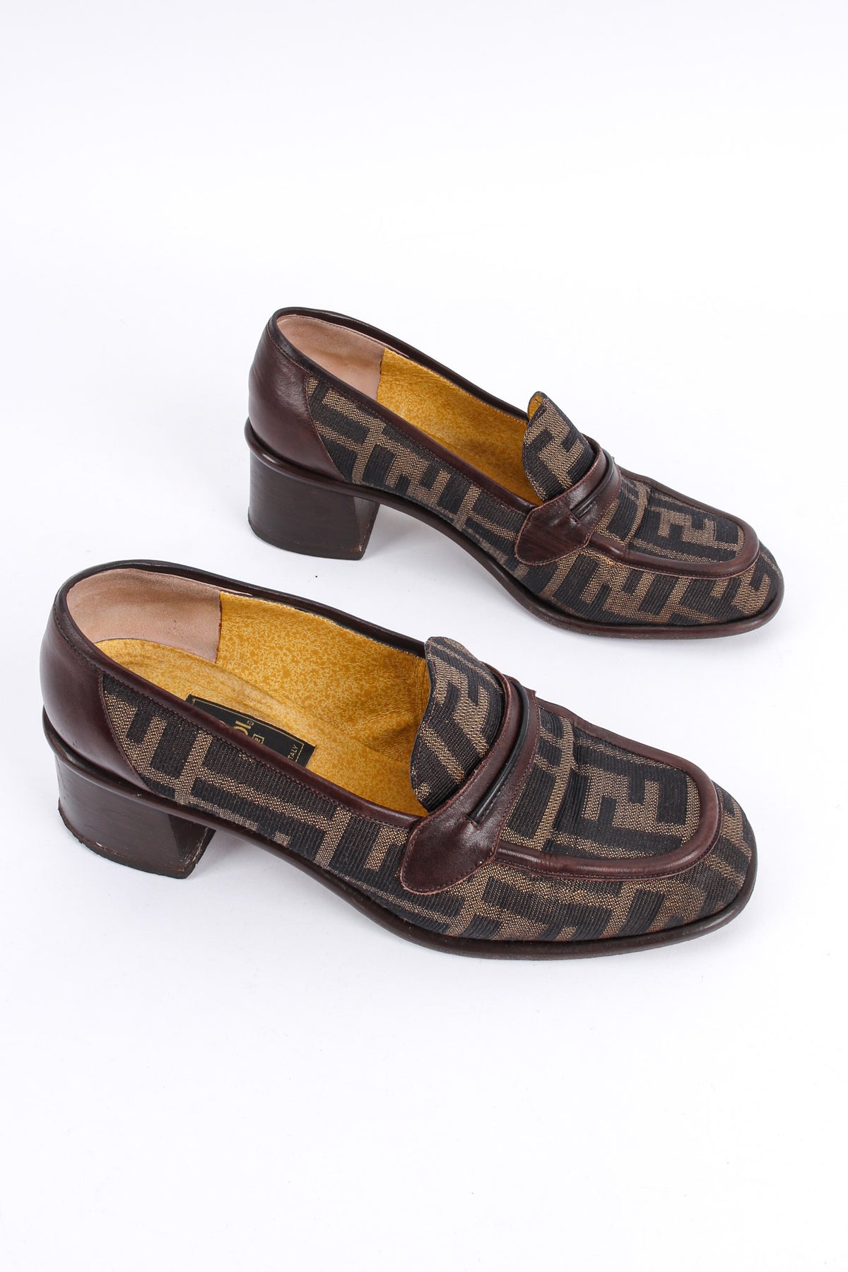 Vintage Fendi Monogram Logo Men Canvas Leather Brown Loafers Size 10.5 Italy FENDI Brown Canvas FF Logo Print Zucca Pump Heels Made in  main image 2