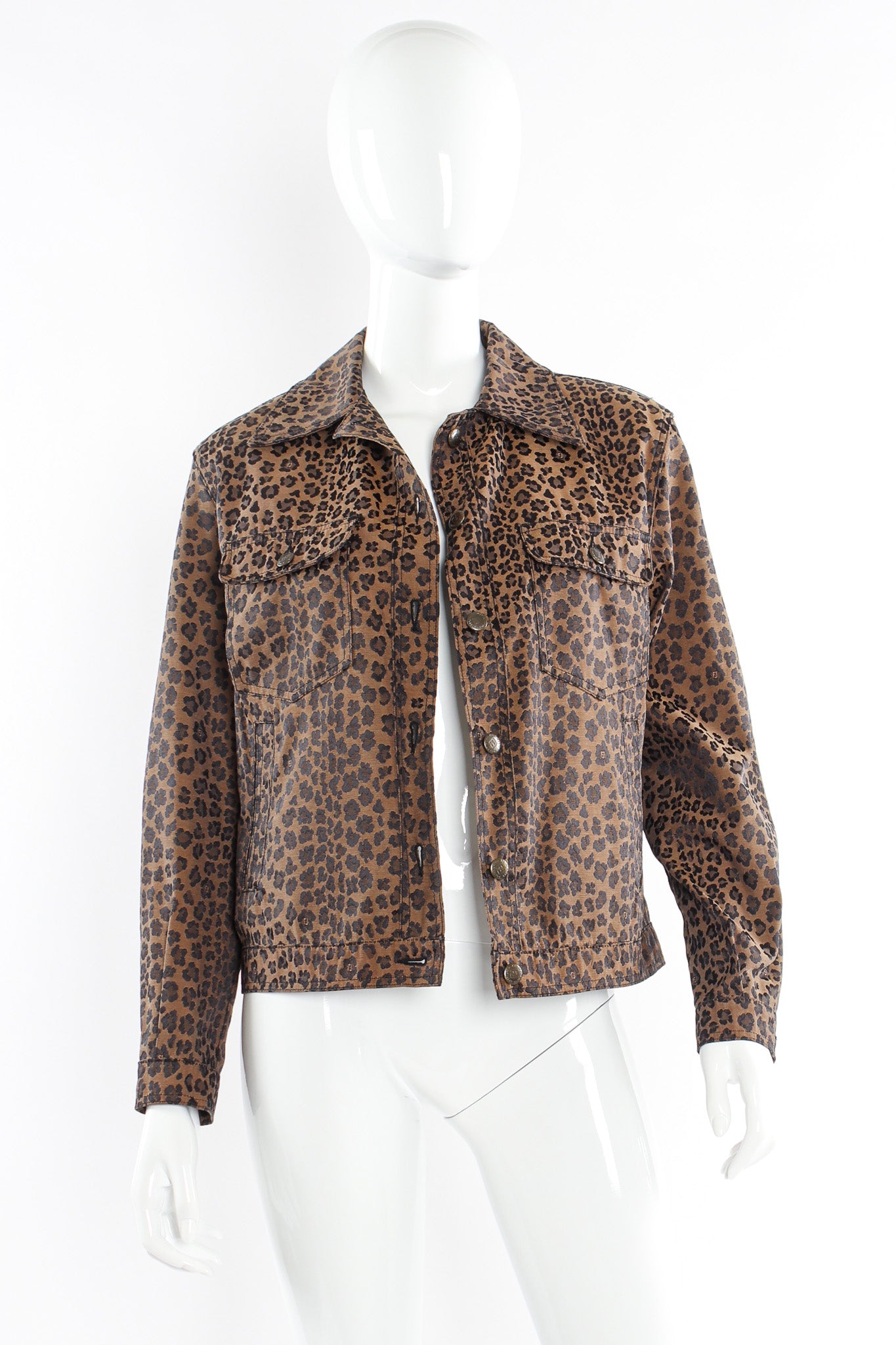 Vintage Fendi Leopard Signed Logo Print Jacket mannequin front unbuttoned @ Recess LA