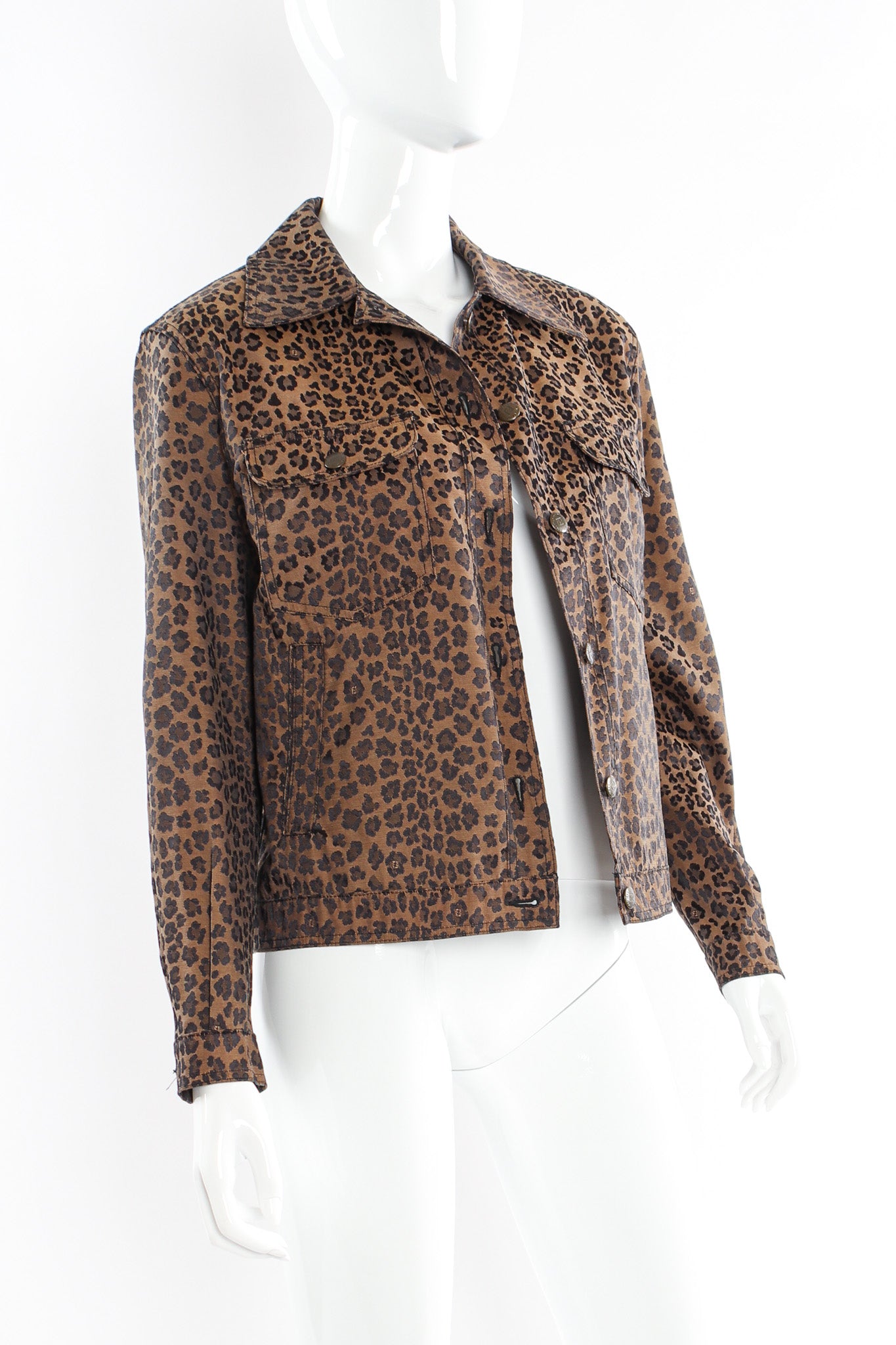 Vintage Fendi Leopard Signed Logo Print Jacket mannequin unbuttoned angle @ Recess LA