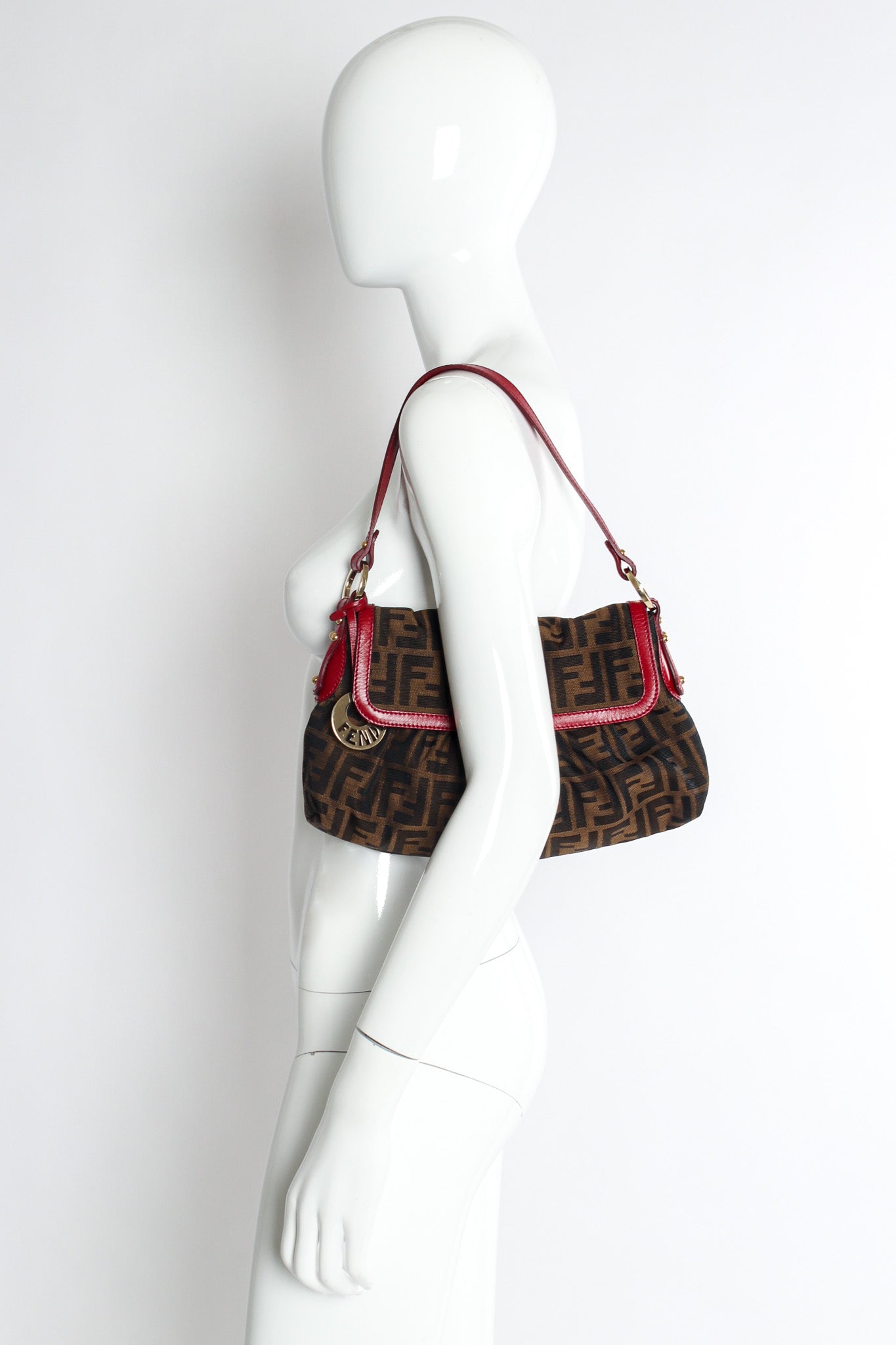 Vintage Fendi Zucca Monogram Flap Shoulder Bag on mannequin shoulder  @ Recess LA