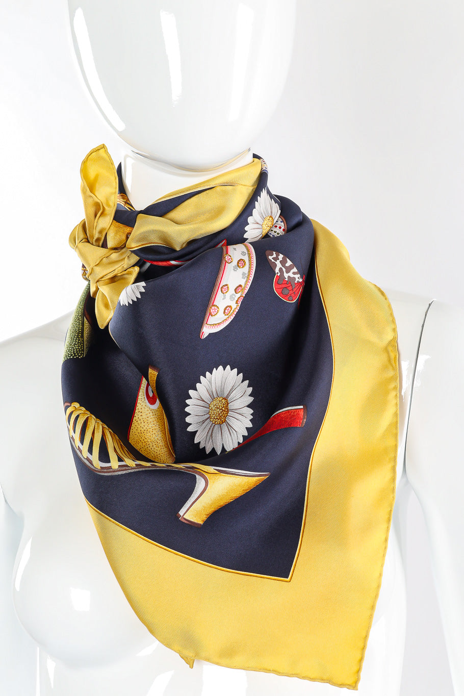 shoe print silk scarf by Salvatore Ferragamo neck tie close @recessla