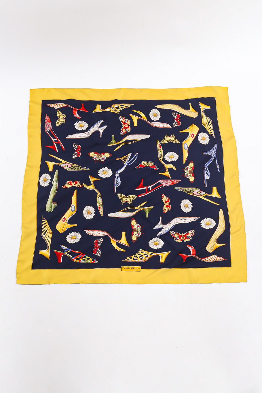 shoe print silk scarf by Salvatore Ferragamo flat lay full  @recessla