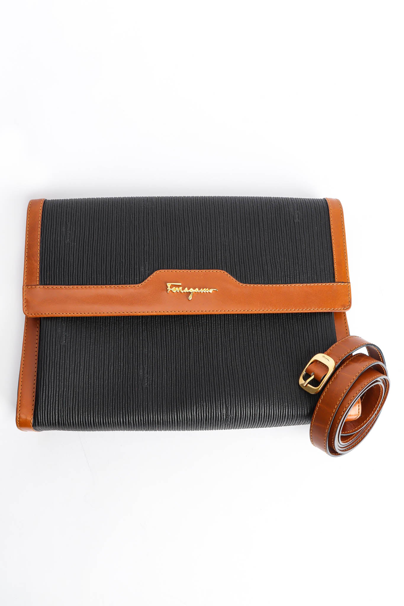 Vintage Ferragamo Leather Portfolio Clutch flat with rolled strap @ Recess Los Angeles