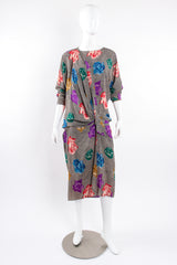 Vintage Ferrante Silk Floral Faux Wrap Dolman Dress on Mannequin high neck unclip front @ Recess LA