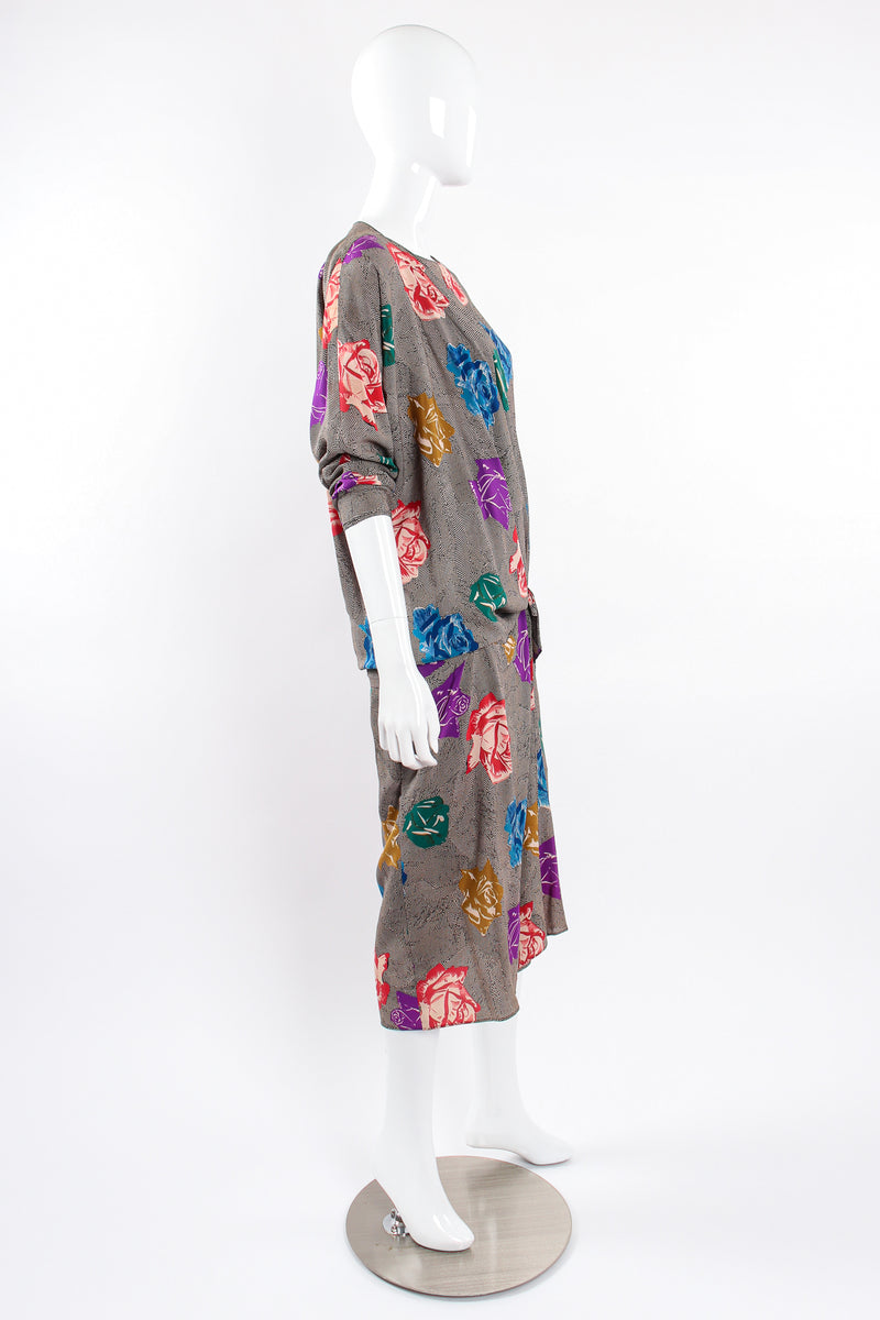 Vintage Ferrante Silk Floral Faux Wrap Dolman Dress on Mannequin high neck unclip side @ Recess LA