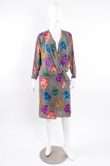 Vintage Ferrante Silk Floral Faux Wrap Dolman Dress on Mannequin plunge front @ Recess LA