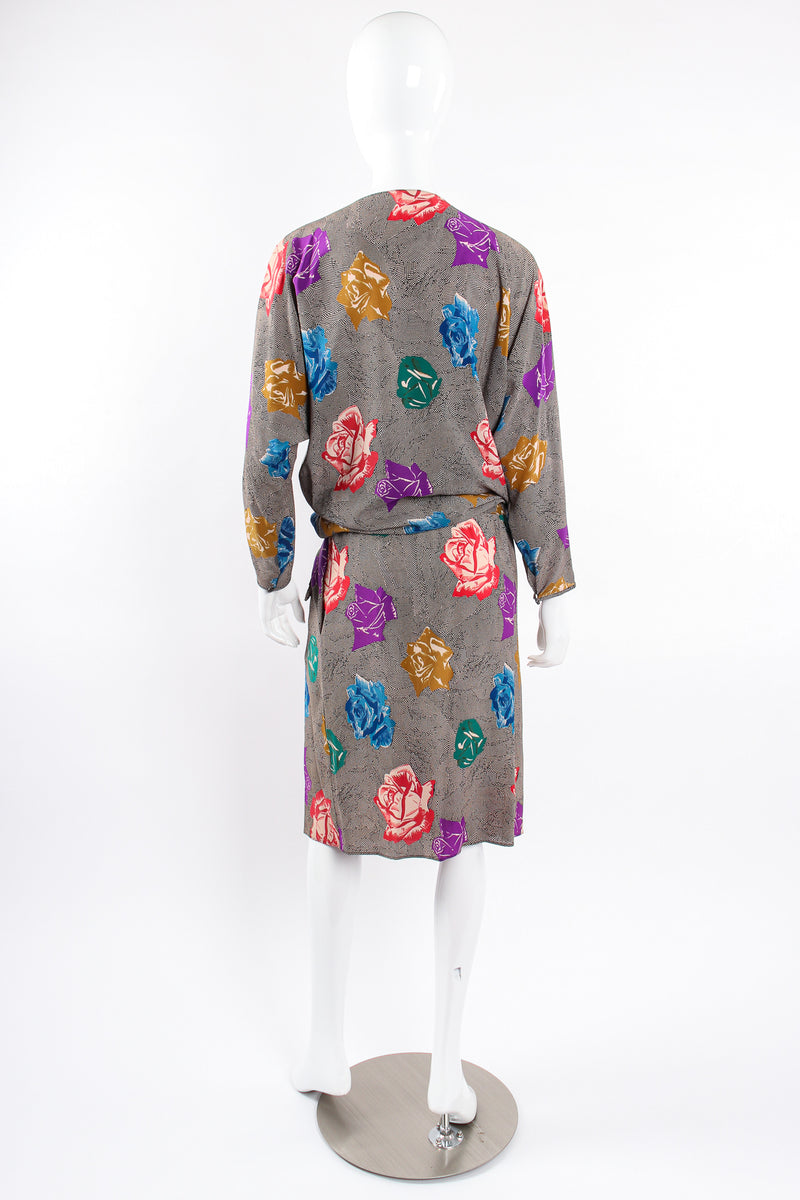 Vintage Ferrante Silk Floral Faux Wrap Dolman Dress on Mannequin plunge back @ Recess LA