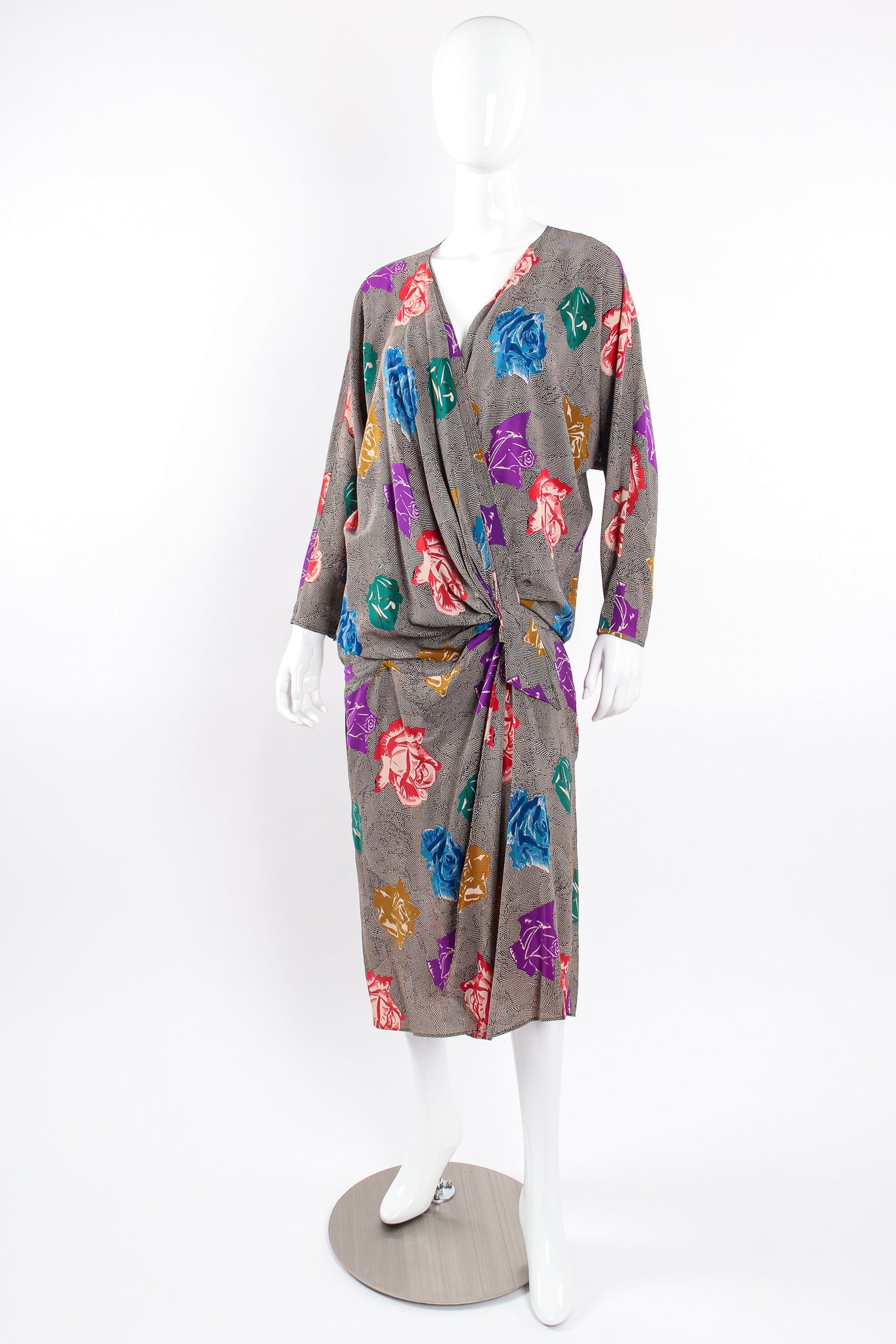 Vintage Ferrante Silk Floral Faux Wrap Dolman Dress on Mannequin plunge unclip @ Recess LA