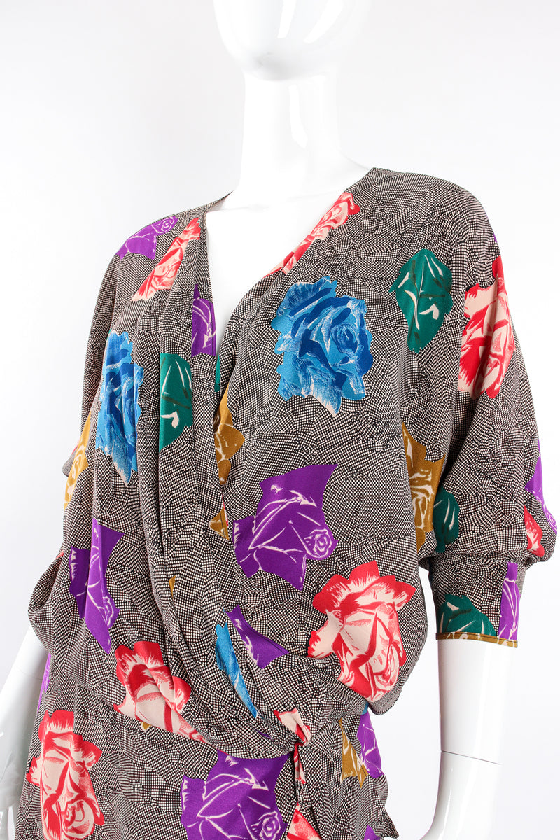 Vintage Ferrante Silk Floral Faux Wrap Dolman Dress on Mannequin plunge neckline @ Recess LA
