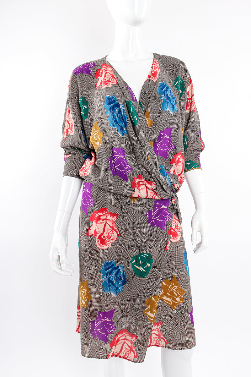 Vintage Ferrante Silk Floral Faux Wrap Dolman Dress on Mannequin plunge crop @ Recess LA