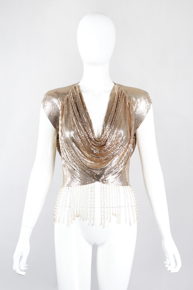Recess Los Angeles Vintage Anthony Ferrara Gold Liquid Mesh Fringe Cowl Top & Skirt Set