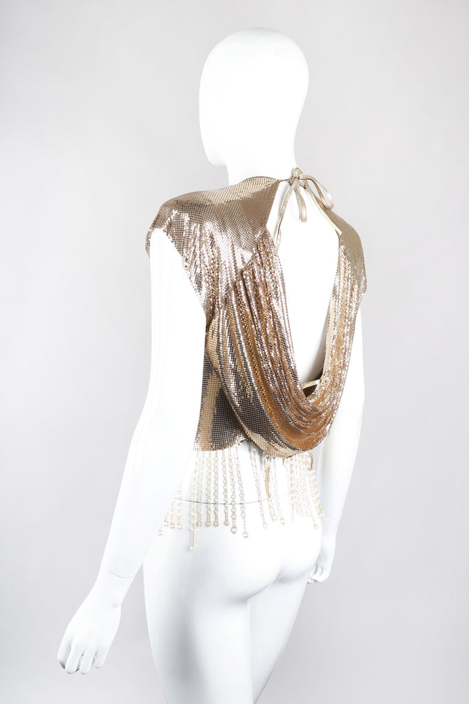 Recess Los Angeles Vintage Anthony Ferrara Gold Liquid Mesh Fringe Cowl Top & Skirt Set