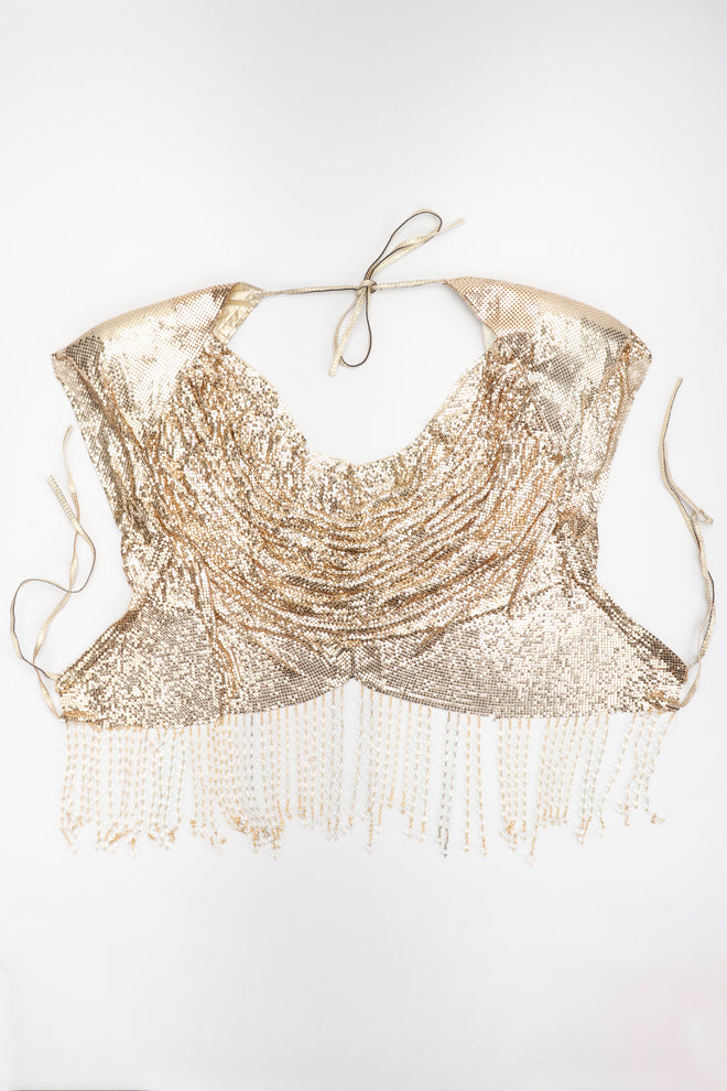 Recess Los Angeles Vintage Anthony Ferrara Gold Liquid Mesh Fringe Cowl Top & Skirt Set