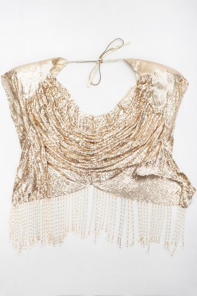 Recess Los Angeles Vintage Anthony Ferrara Gold Liquid Mesh Fringe Cowl Top & Skirt Set