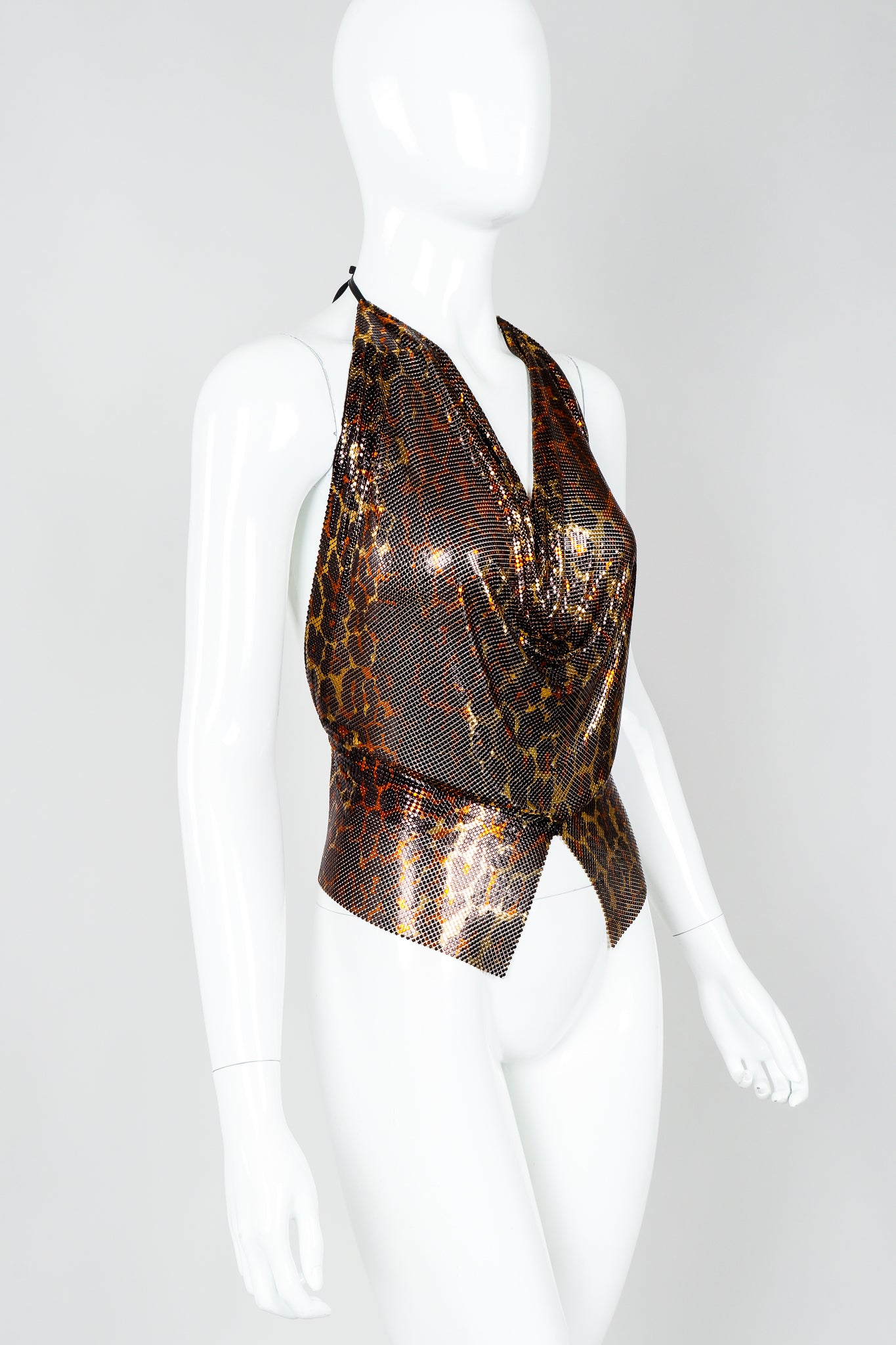 Vintage Anthon Ferrara Bronze Leopard Liquid Metal Mesh Halter Tie Top on Mannequin