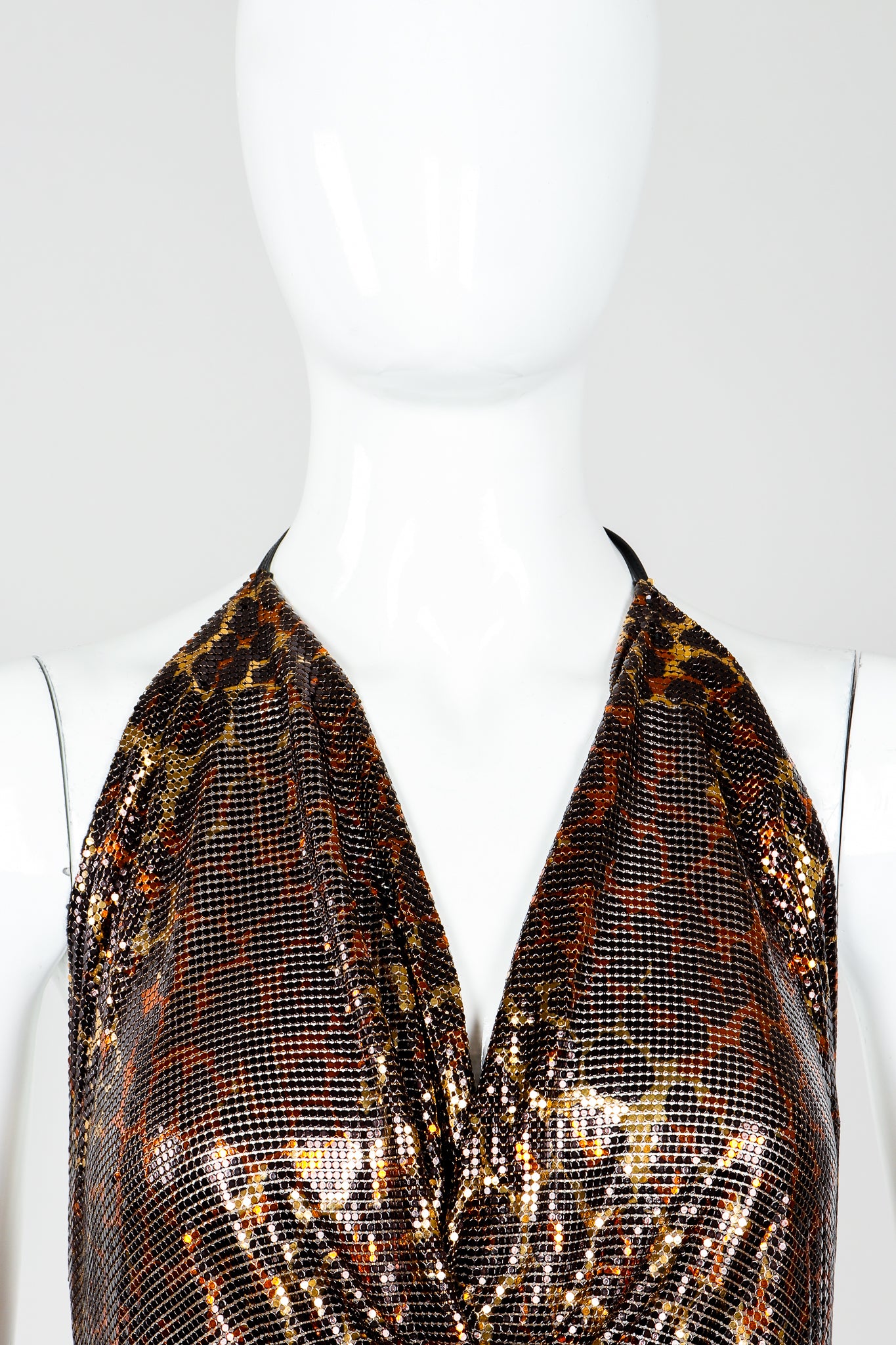 Vintage Anthon Ferrara Bronze Leopard Liquid Metal Mesh Halter Tie Top on Mannequin, neckline