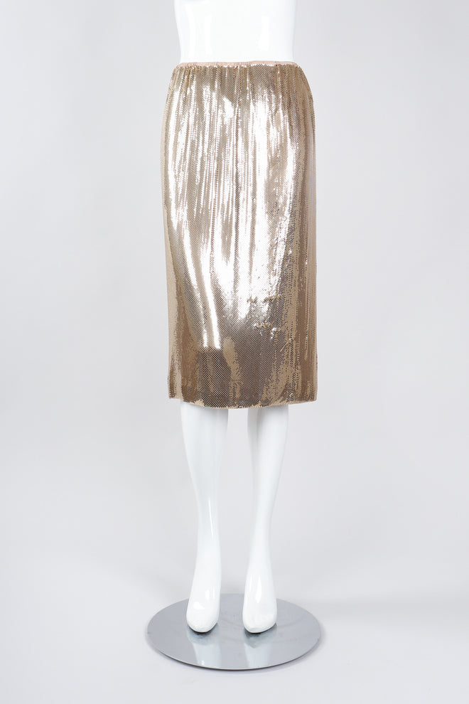 Recess Los Angeles Vintage Anthony Ferrara Gold Liquid Mesh Fringe Cowl Top & Skirt Set
