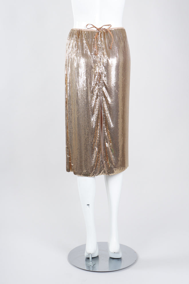 Recess Los Angeles Vintage Anthony Ferrara Gold Liquid Mesh Fringe Cowl Top & Skirt Set