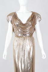 Recess Los Angeles Vintage Anthony Ferrara Gold Liquid Mesh Fringe Cowl Top & Skirt Set