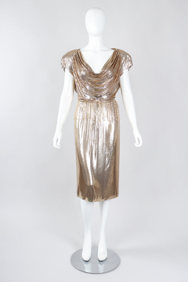 Recess Los Angeles Vintage Anthony Ferrara Gold Liquid Mesh Fringe Cowl Top & Skirt Set