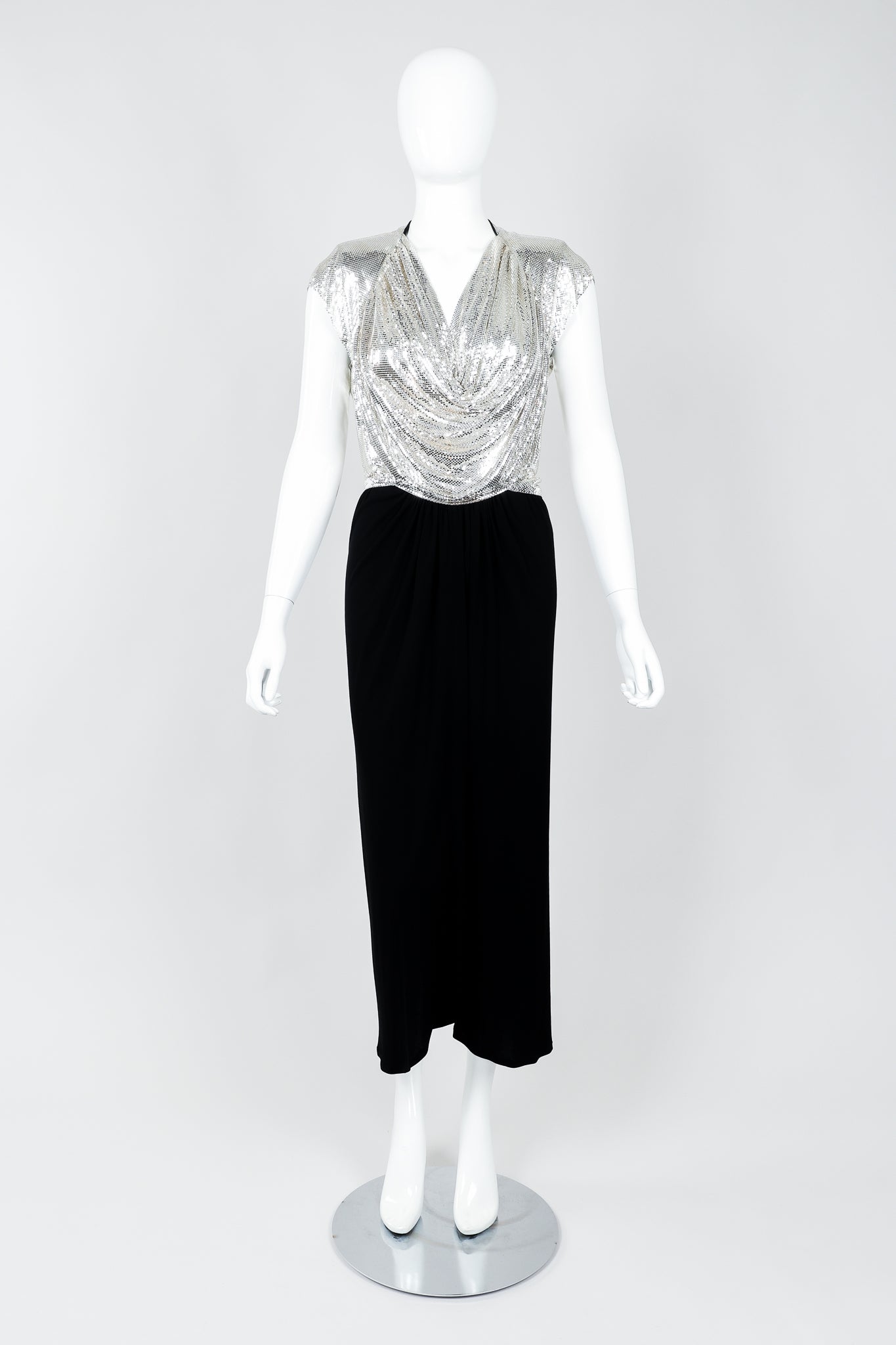 Vintage Anthony Ferrara Silver Metal Mesh Draped Cowl Dress on Mannequin front, at Recess