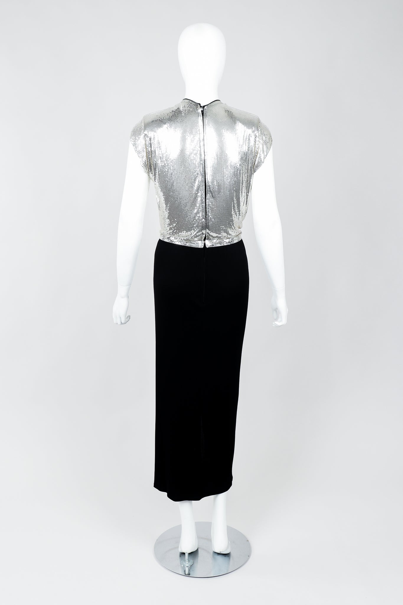 Vintage Anthony Ferrara Silver Metal Mesh Draped Cowl Dress on Mannequin back, at Recess