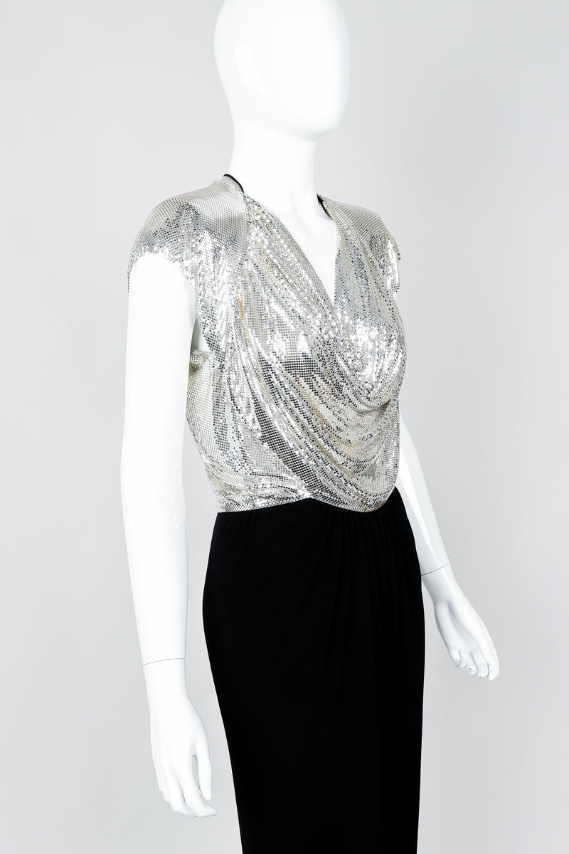 Vintage Anthony Ferrara Silver Metal Mesh Draped Cowl Dress on Mannequin cropped, at Recess
