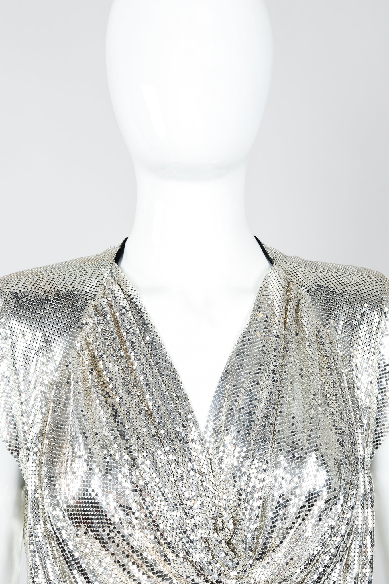 Vintage Anthony Ferrara Silver Metal Mesh Draped Cowl Dress on Mannequin neckline, at Recess