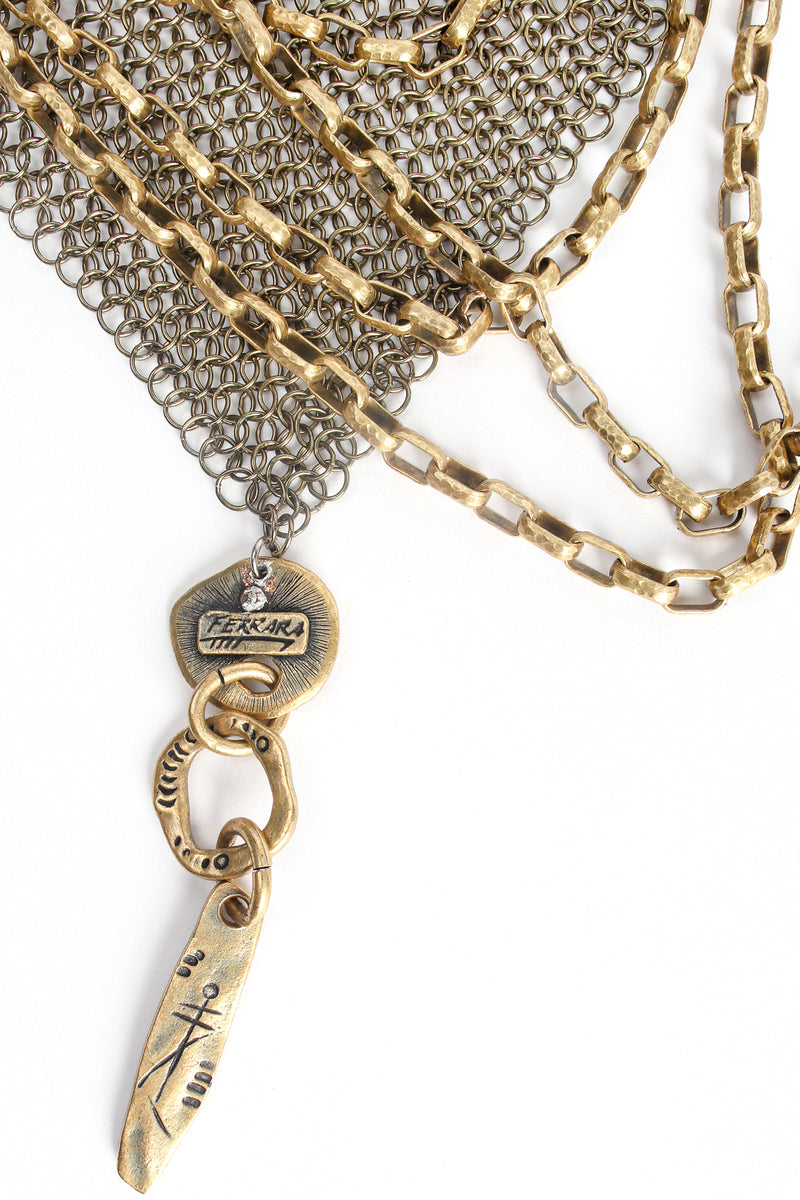 Vintage Anthony Ferrara Antique Brass Ring Mesh Charm Bib Necklace detail at Recess Los Angeles