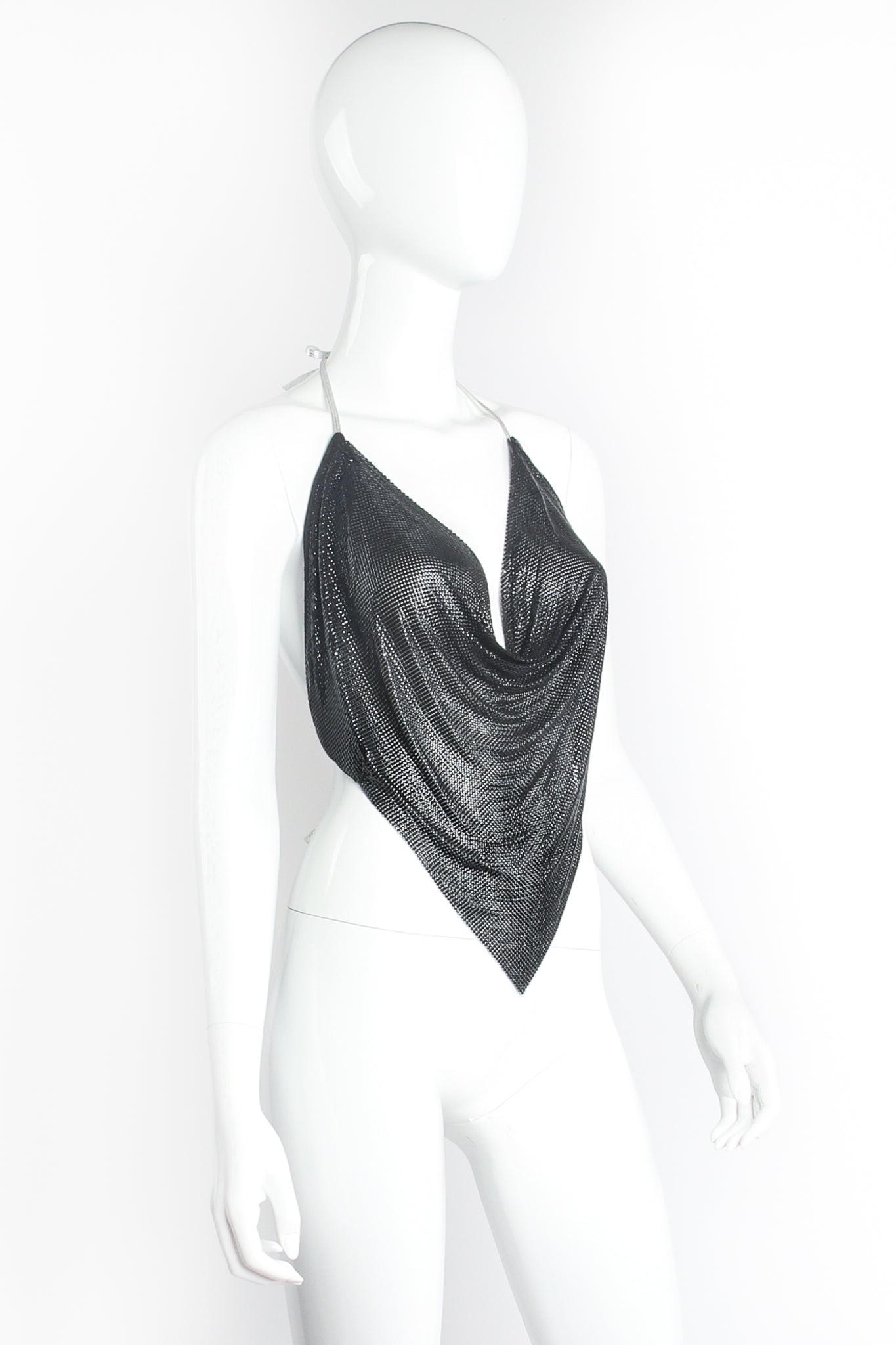 Vintage Anthony Ferrara Glossy Metal Mesh Halter Top on Mannequin Angle at Recess Los Angeles