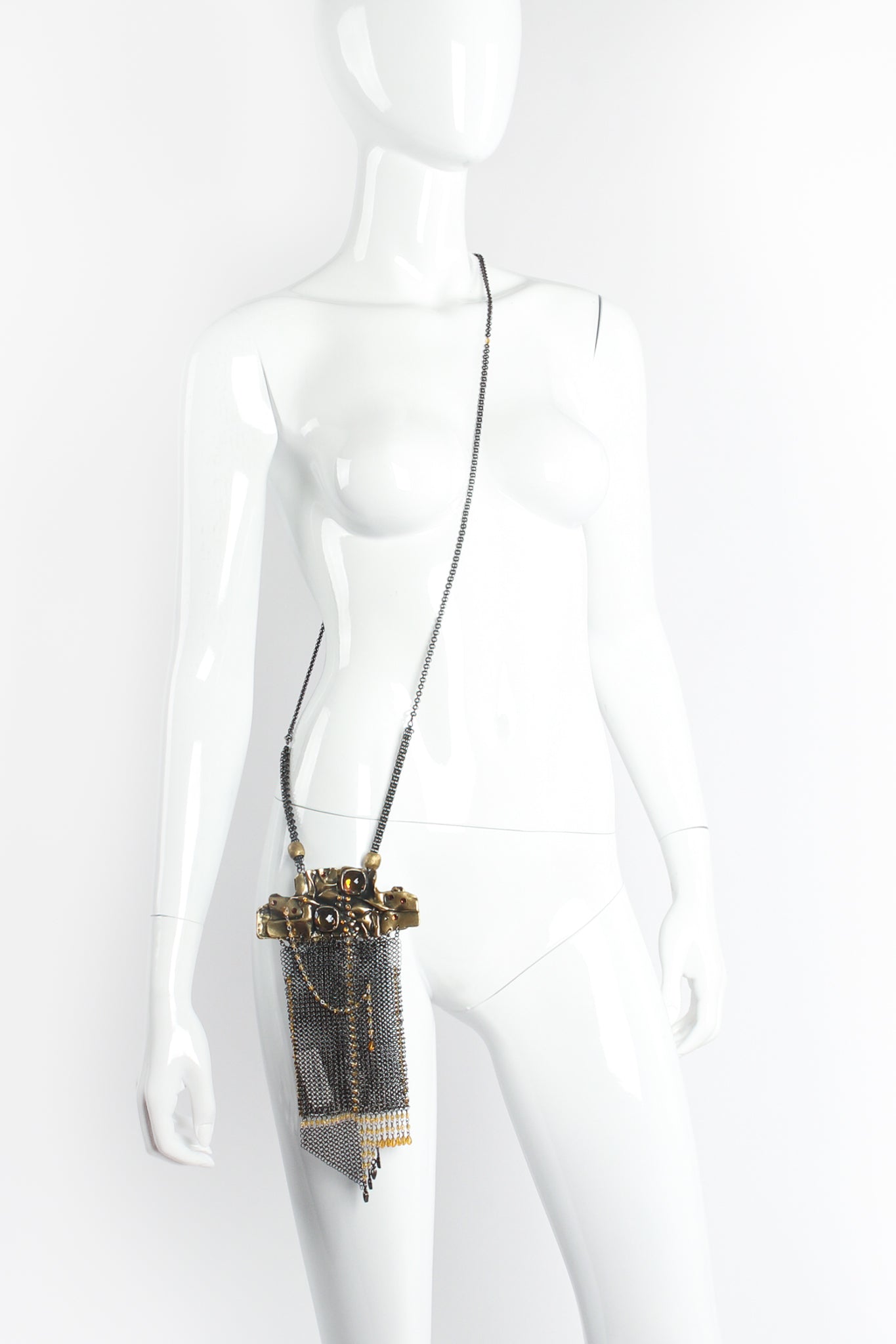 Vintage Anthony Ferrara Brutalist Plated Brass Mesh Micro Phone Bag on mannequin at Recess LA