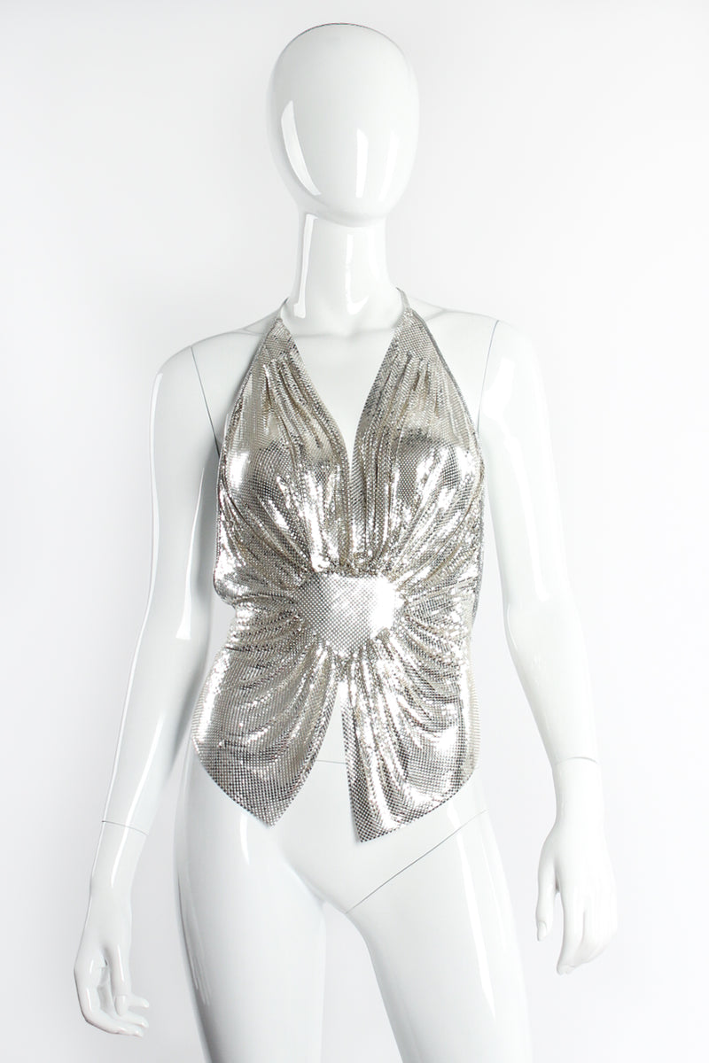 Vintage Anthony Ferrara Gathered Silver Plated Metal Mesh Halter on Mannequin front @ Recess LA