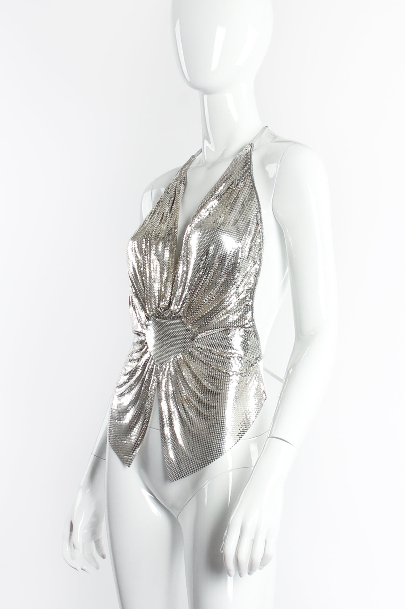 Vintage Anthony Ferrara Gathered Silver Plated Metal Mesh Halter on Mannequin angle @ Recess LA