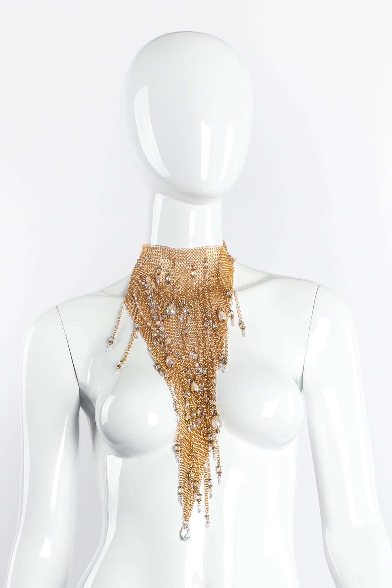 Vintage Anthony Ferrara Plated Ring Mesh Waterfall Bead Pearl Bib Necklace on Mannequin at Recess