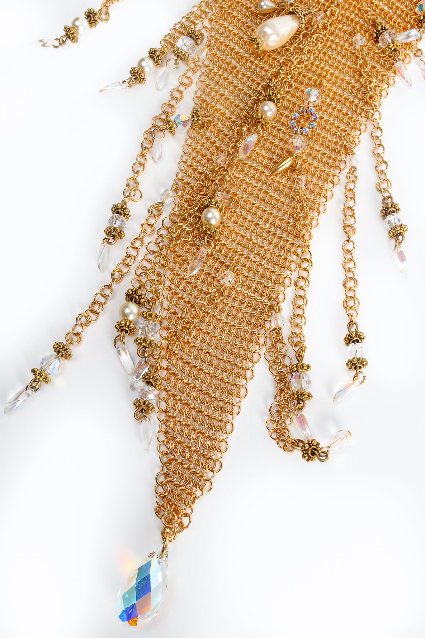 Vintage Anthony Ferrara Plated Ring Mesh Waterfall Bead Pearl Bib Necklace Detail at Recess LA