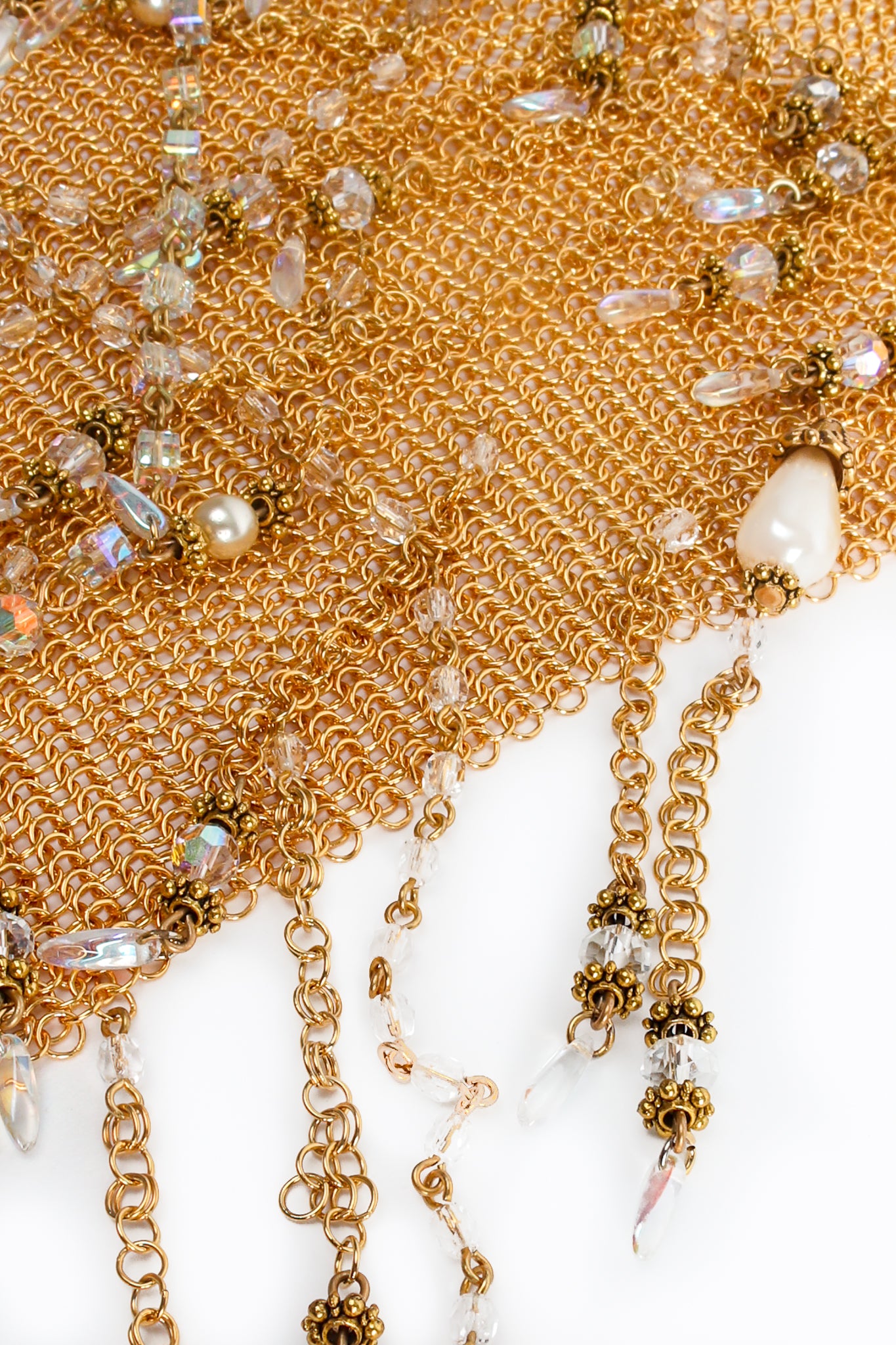 Vintage Anthony Ferrara Plated Ring Mesh Waterfall Bead Pearl Bib Necklace Detail at Recess LA