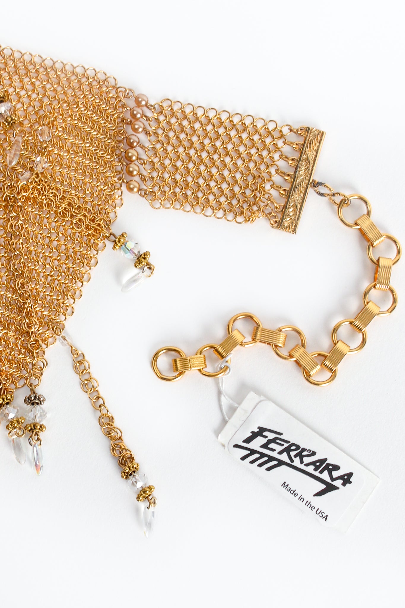 Vintage Anthony Ferrara Plated Ring Mesh Waterfall Bead Pearl Bib Necklace Hang Tag at Recess LA