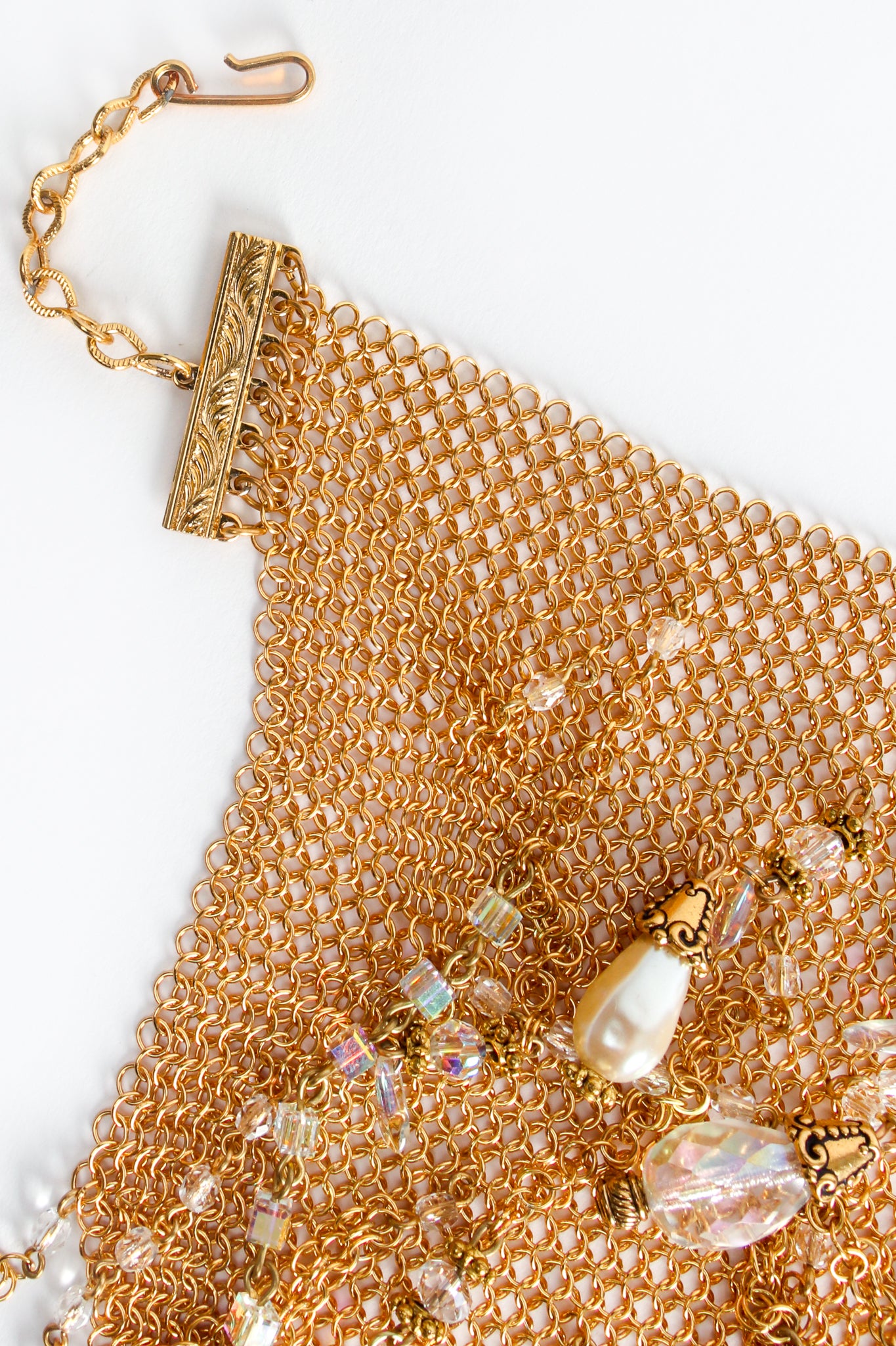 Vintage Anthony Ferrara Plated Ring Mesh Waterfall Bead Pearl Bib Necklace Hook Detail at Recess LA