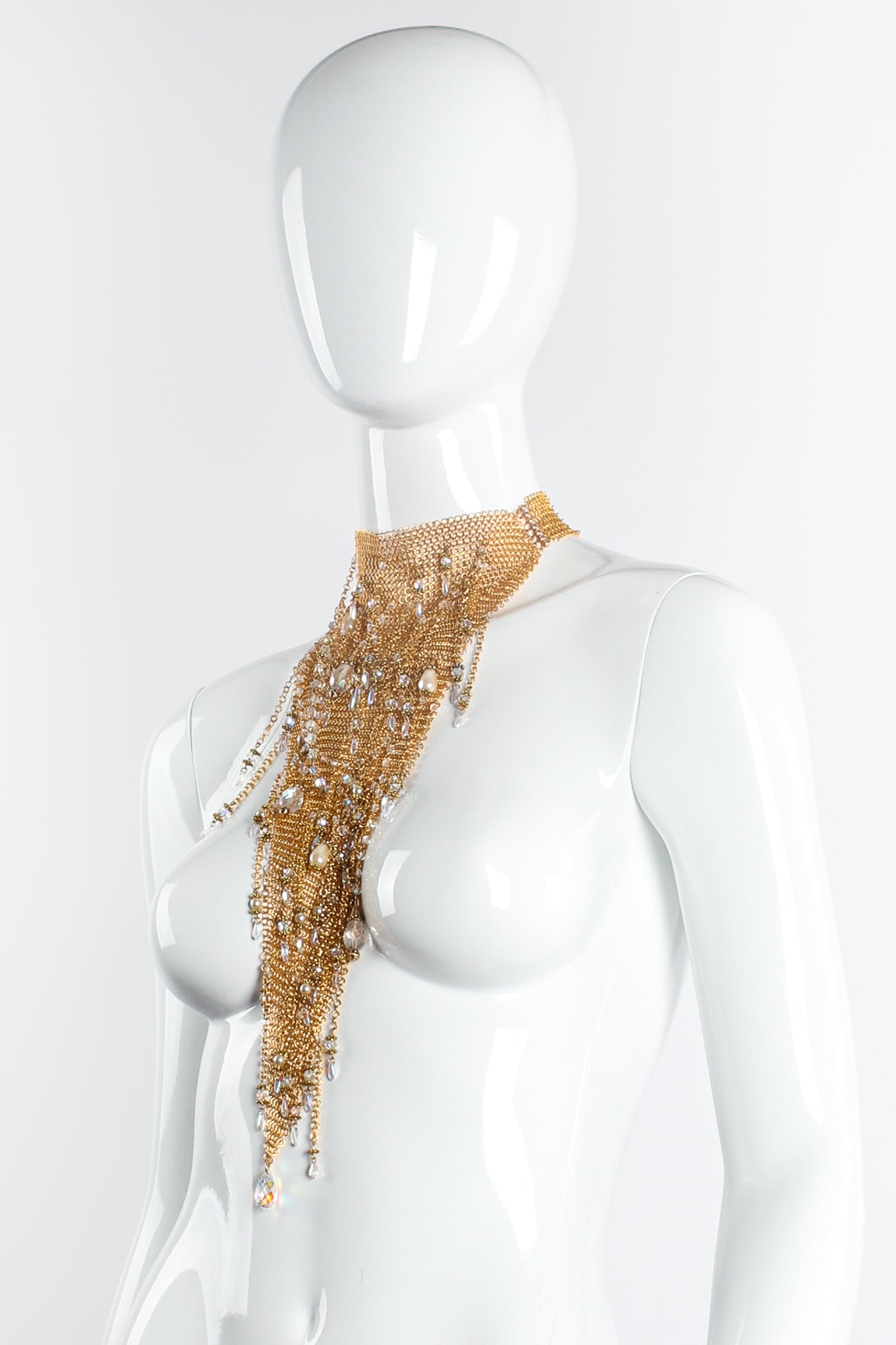 Vintage Anthony Ferrara Plated Ring Mesh Waterfall Bead Pearl Bib Necklace on Mannequin at Recess